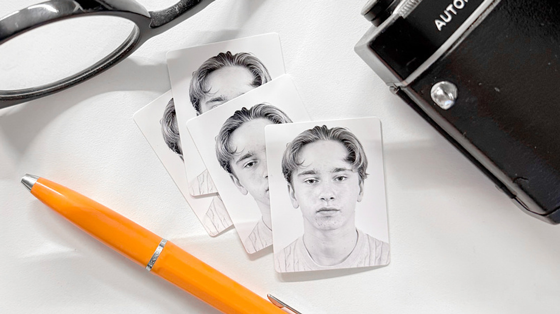 gul penna, tre små bilder på en ung man